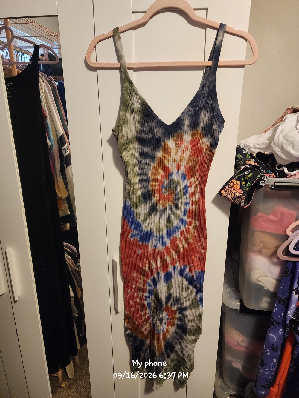 Ribbed Tie-Dye Midi Slip Dress - Multicolor
